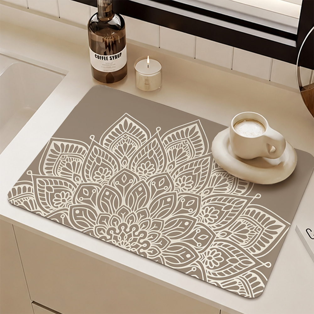 TEMU 1pc, Mandala Pattern Absorbent Placemat, Taupe Base Color, Printed With Light Beige Lines, Petals, Rhombuses, And Geometric Shapes A Mandala