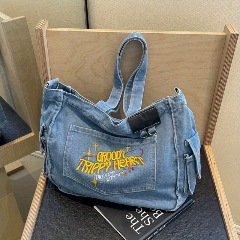 Large Denim Tote Bag For Women - Vintage Crossbody Purse With Adjustable Strap, Blue Casual Shoulder Bag