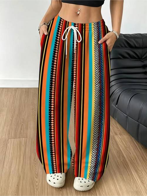womens wide trousers with vertical stripe pattern colorful loose fit pants suitable for daily wear parties machine washable casual outfits for semi formal events