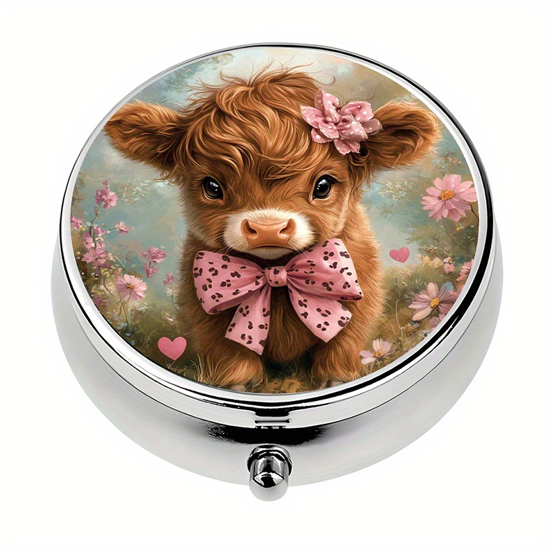 TEMU 1pc Pill Box With 3 Compartments Cute Highland Cow Theme Mini Pill Container, Pill Organizer, Portable Pill Box For Pocket Or Purse
