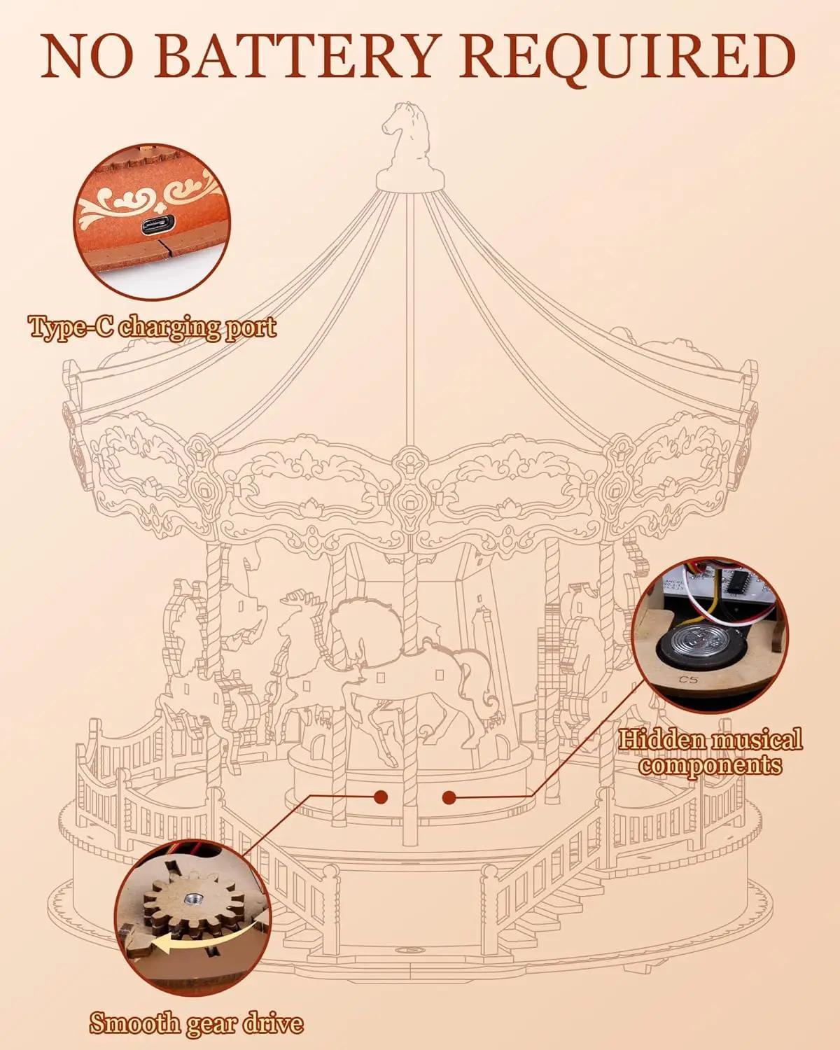 Klassieke Carrousel Muziekdoos, 3D Houten Puzzel met Verlichting, Eenvoudig in Elkaar te Zetten, Beweegbaar Ontwerp, Ideaal Kerstcadeau voor Volwassenen - AMC01