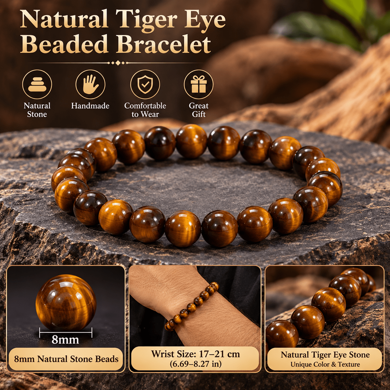 4pc Fashion Tiger Eye Beaded Bracelet Set, Unisex