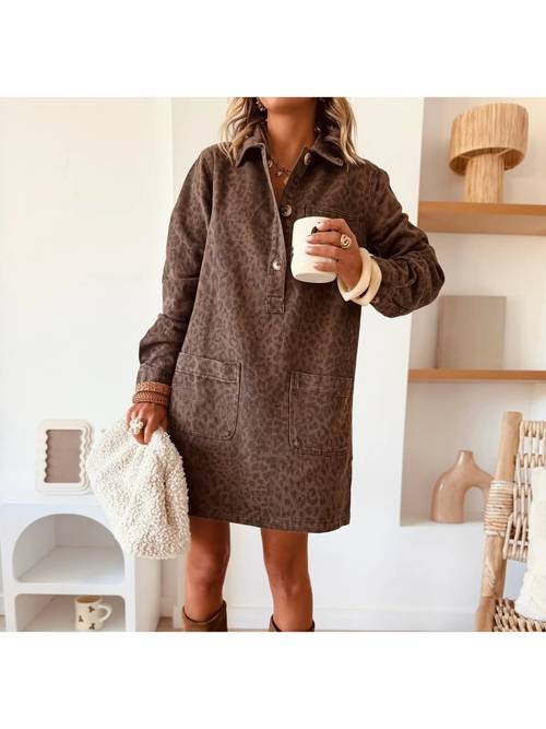 summer new retro dark brown shirt skirt lapel half large patch washed denim fabric suitable for