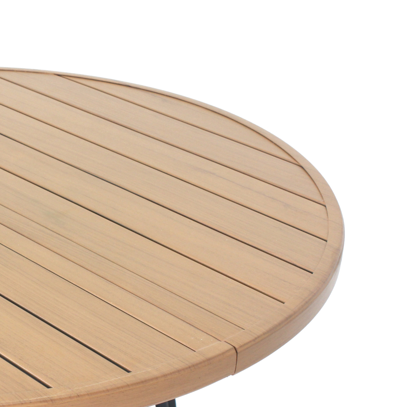 5pcs Outdoor Patio Dining Set, 47' Round Wood-Grain Slat Table W/ Umbrella Hole And 4 Stacking Metal Chairs 350 Lbs Capacity, Rustproof, Breathable Design, 30-Min Assembly, Patio, Garden, Balcony