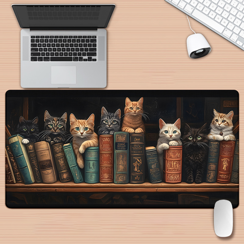 TEMU 1 tapis de bureau avec des de livres et de chats, conçu un tapis de souris XXL multifonctionnel adapté au gaming et à l'utilisation . Un cadeau