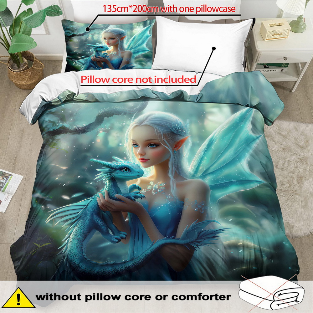 TEMU Fantasy Beauty Theme Down Comforter Cover Set - 2/3pcs, Soft Comfortable Breathable, Beauty And The Dragon Print Bedding Set, Beauty And The