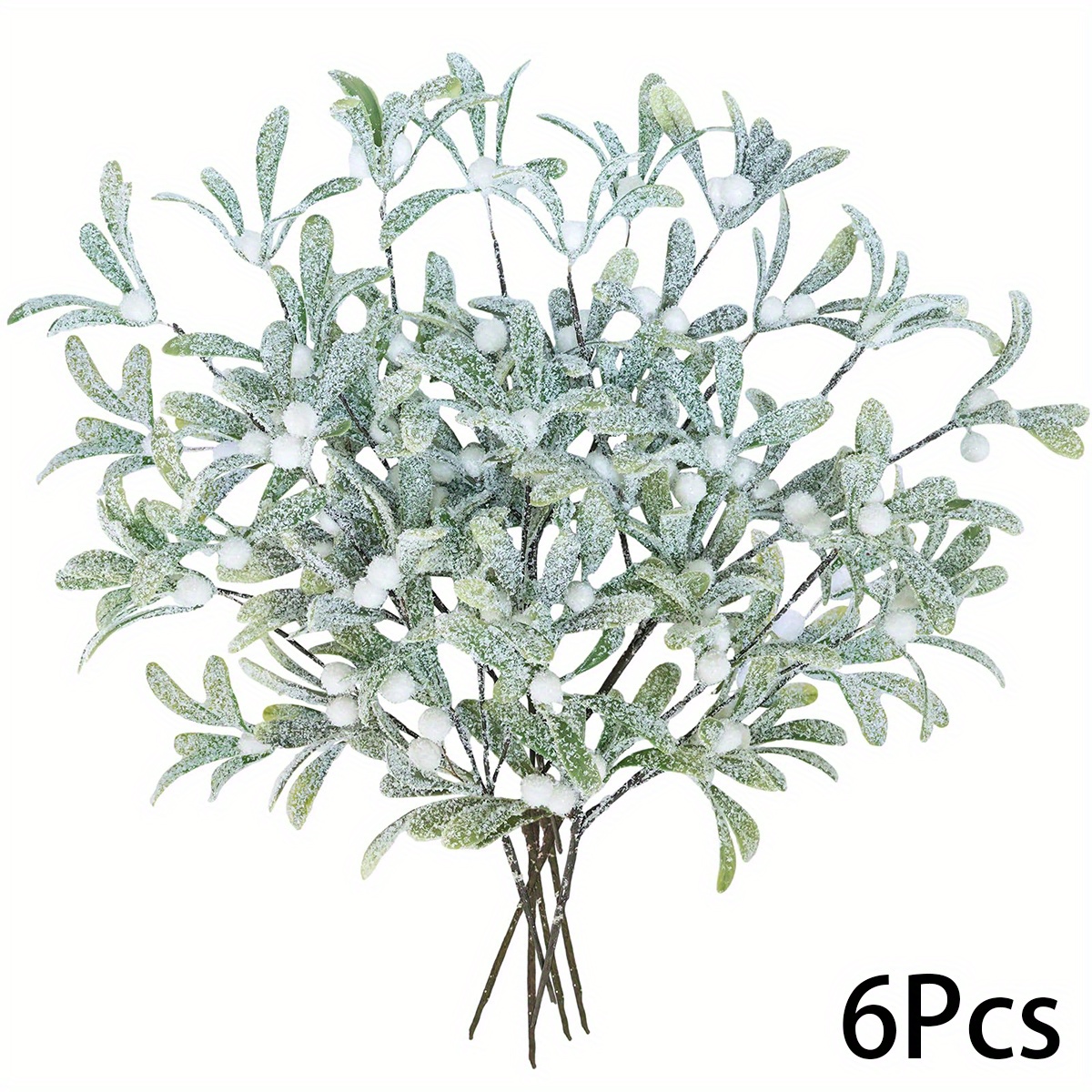 TEMU 6 Frosted Artificial Holly Branches With Ginkgo Leaves, Realistic Artificial Christmas Greenery, Plastic Stems Covered With Snowflakes, With