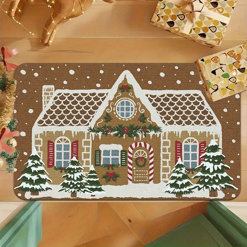 TEMU A Christmas-themed Gingerbread House, Christmas Tree, And Snowflake Printed Doormat With A Sponge Thickness Of 0.47 Inches - 600 Grams Per ,