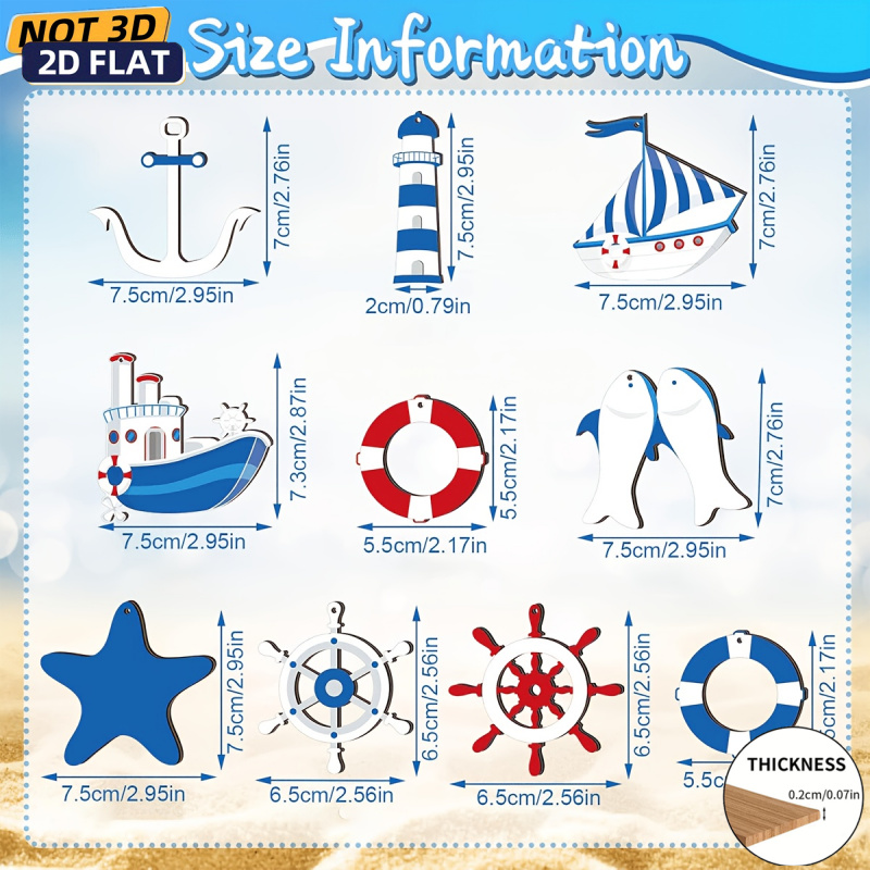 TEMU Impression plate 2D sur bois, 15 pièces d'ornements décoratifs nautiques d'été en bois aléatoires à suspendre, été, comprenant phare, bouée de