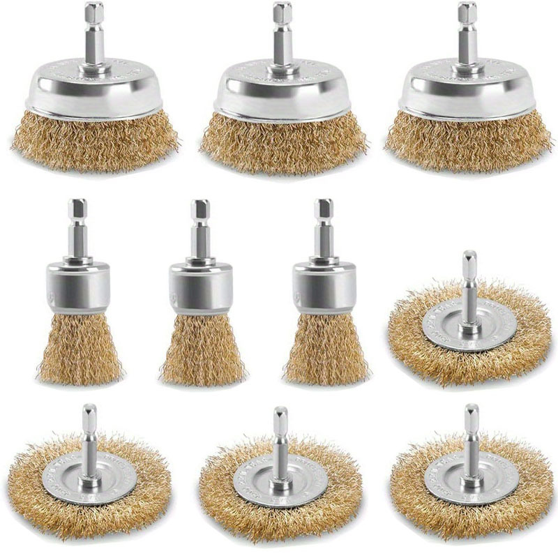 TEMU 10pcs Diamond Wire Brush Set, Cup Brush With 1/4-inch Hex Shank – Suitable For Rust Removal, Stripping, And Grinding Applications