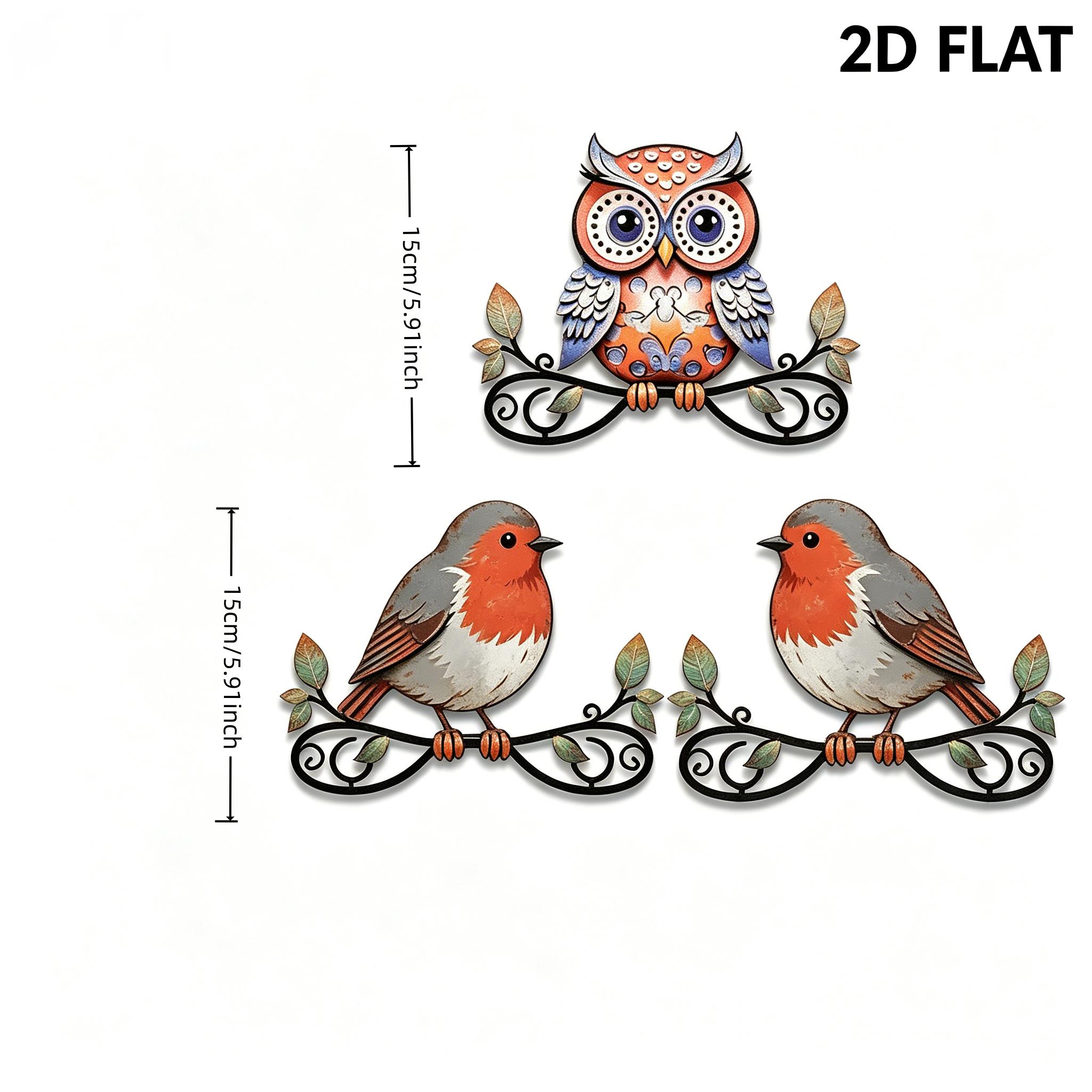 TEMU 2d Flat, 2d Flat, 2d Flat Printed Acrylic Owl Robin Wall Decoration Set, 3 Vintage Bird Pendants, Outdoor Garden Fence Ornaments, Rustic Home