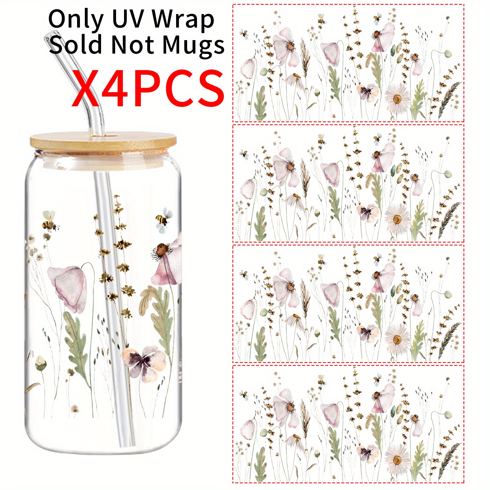 TEMU 4 Stück Blumen Biene & Blatt UV DTF Aufkleber - Wasserdichte DIY Aufkleber für 16oz Gläser, Flaschen | Ideal für Muttertag, Vatertag, Abschluss,