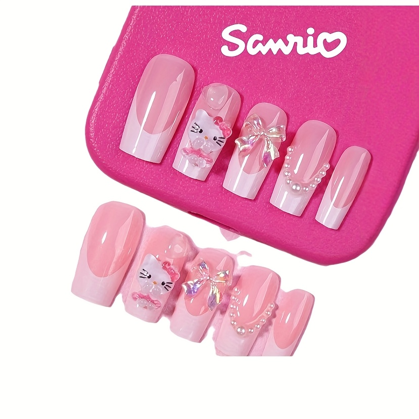 Image of 24pcs Long-length Whitetip Press On Nails Set With 3d Hellokitty Rhinestone& Auroal , Pink Tone, Glossy End- Perfect For Dailywear And Parties