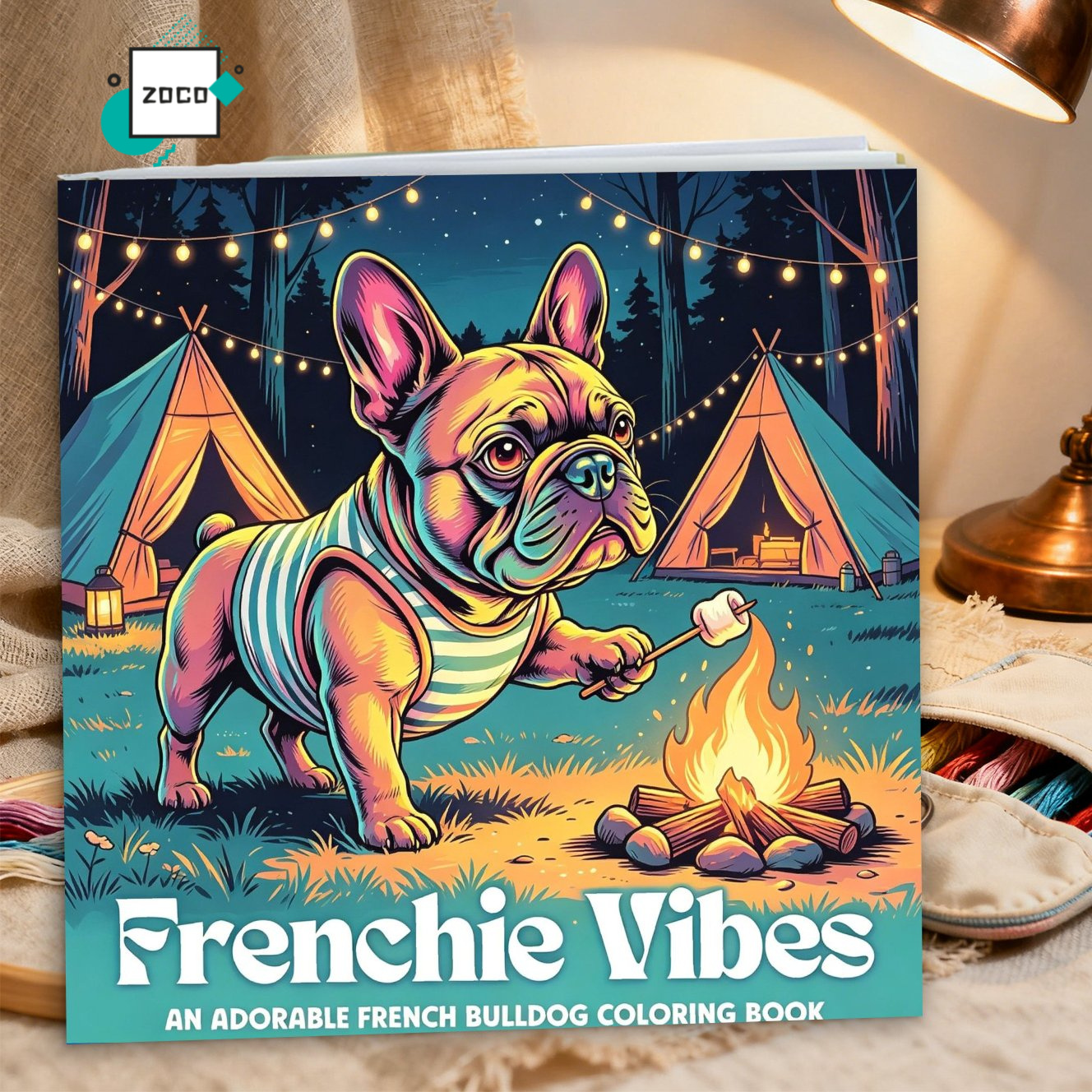 TEMU 1 Zoco Brand Hardcover Book With Lines For , Mandala Coloring Book Suitable For Men And Women, Cute French Bulldog Camping Style, French Bulldog