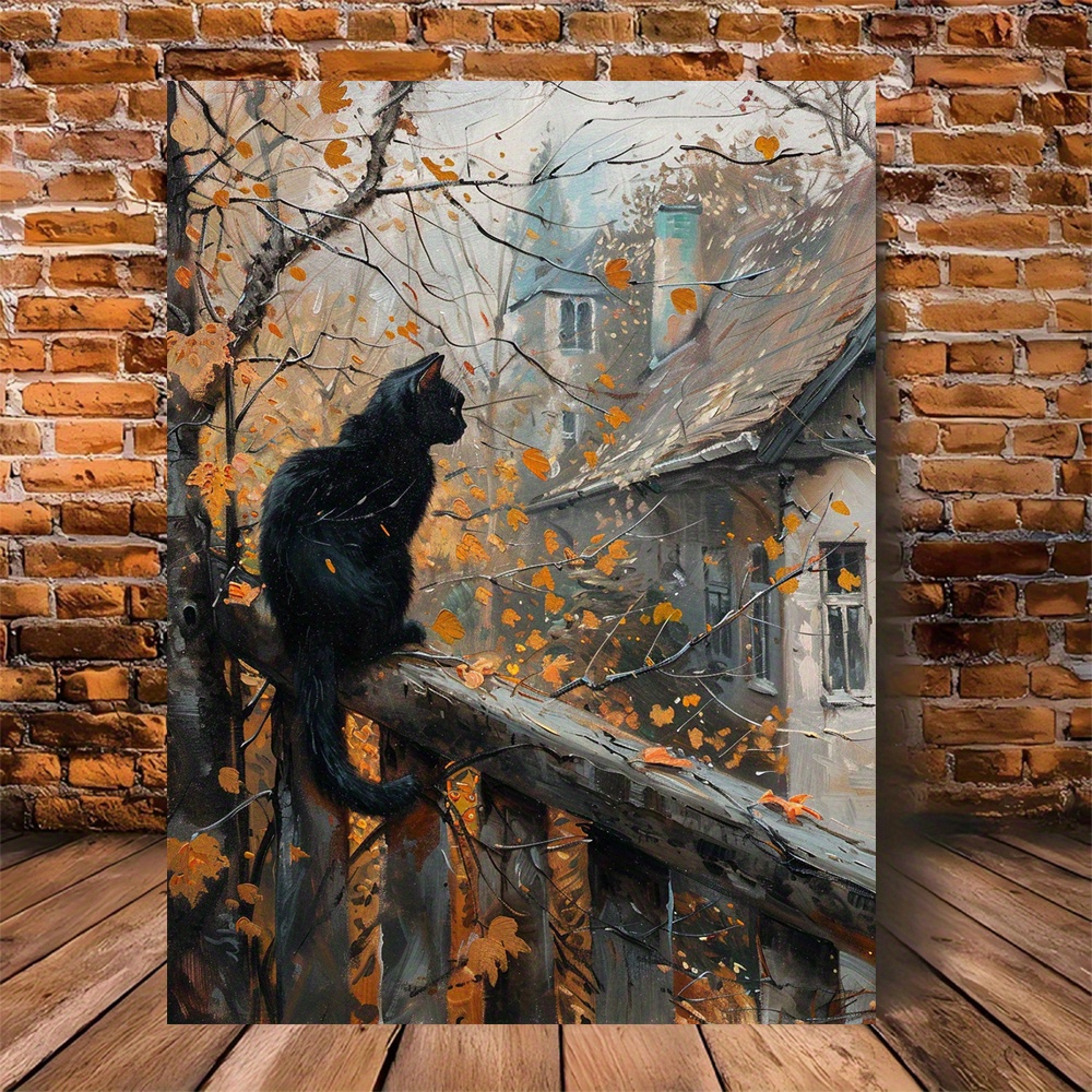 TEMU 2d Flat, 1pc Vintage-style Wooden Frame Canvas Art - Autumn Scene With Black Cat On Fence, Falling Leaves & , 11.8x15.7 Inch, Durable Wood Frame