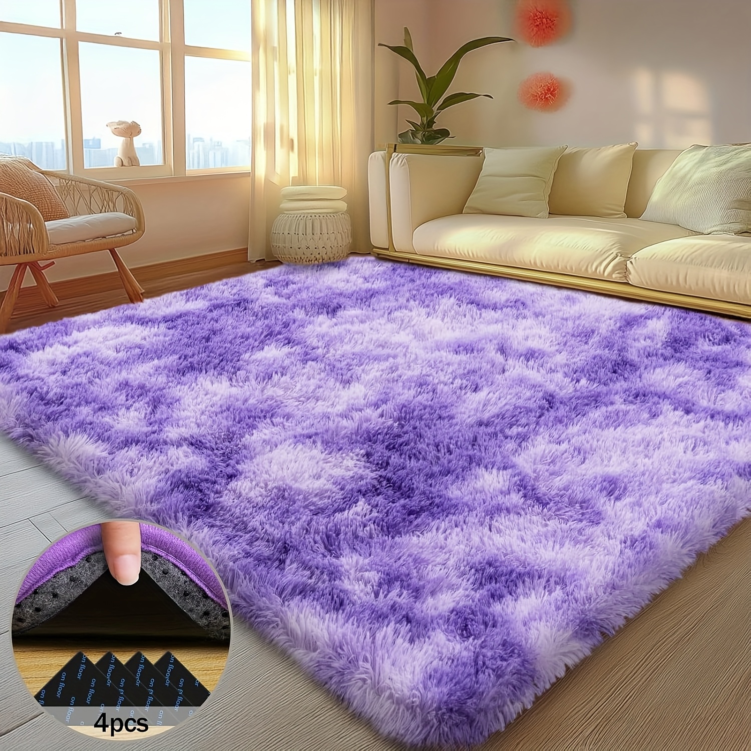 fluffy shag area rug 9x12 feet non slip backing thick soft carpet for living room bedroom apartment with 4 carpet stickers tie dye  