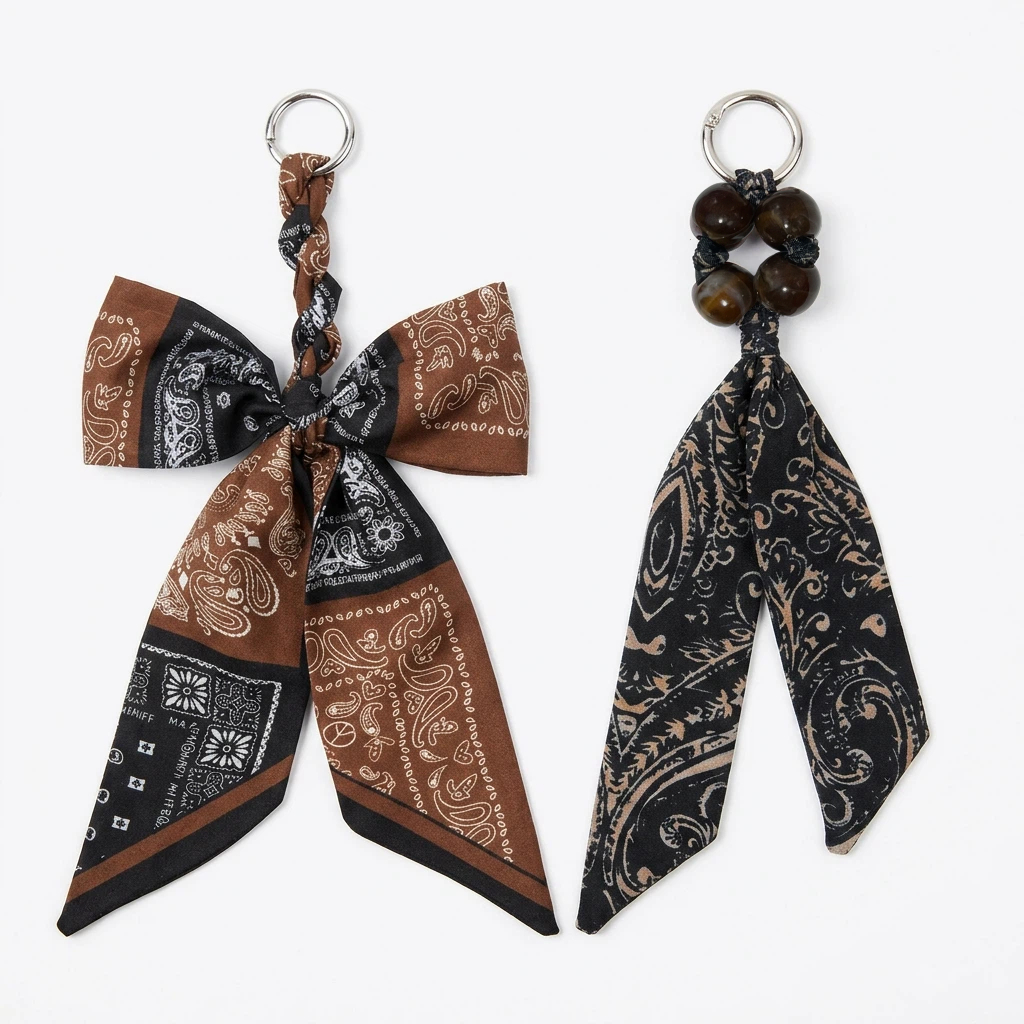 TEMU [2-pack] Dual-style Pattern Polyester Scarf Pendants With Plastic Bead Embellishment And Alloy Hardware, Stylish Vintage Light Decor Bags, Keys