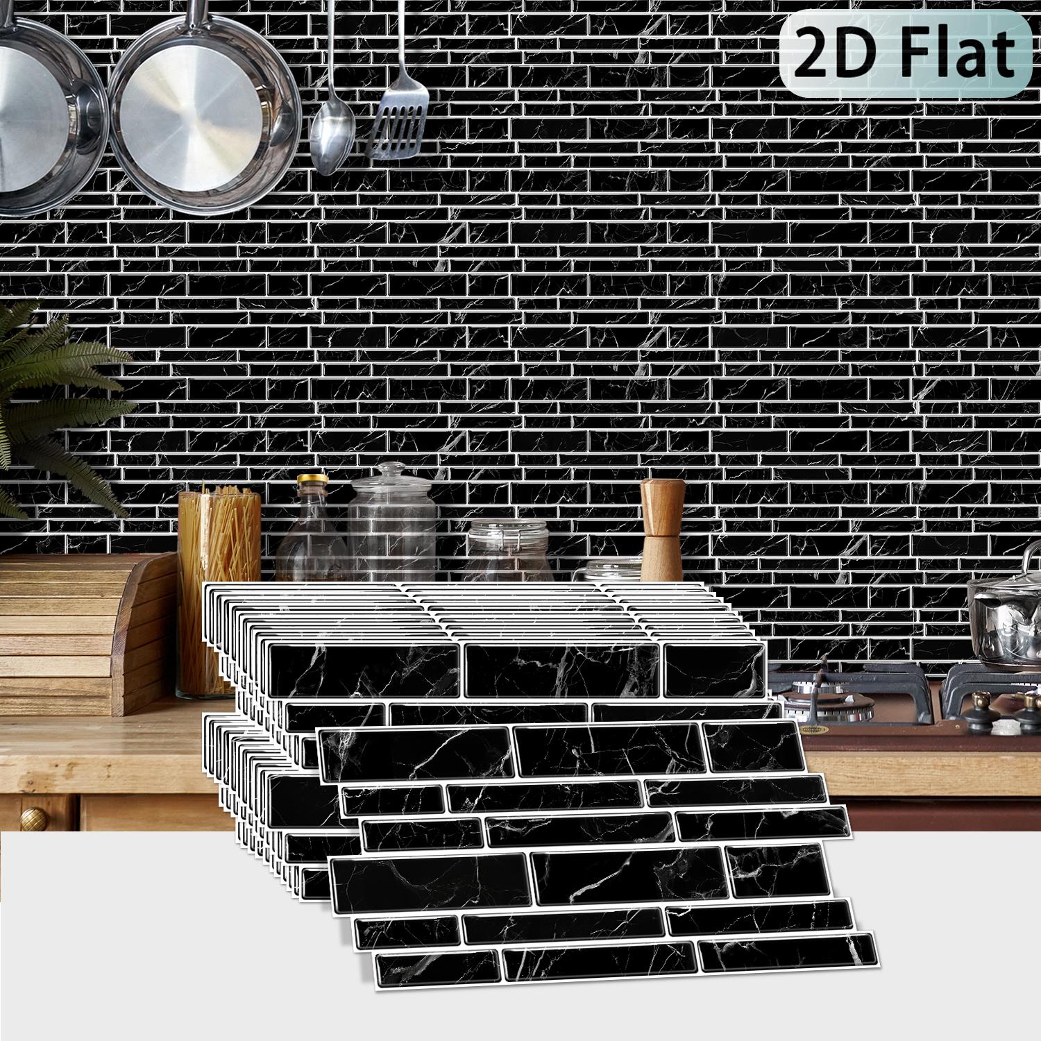 14pcs 2d flat shaped tile stickers black vein marble solid color fashionable glossy     and removable suitable for bathroom kitchen dining room decoration diy enthusiasts 2d flat