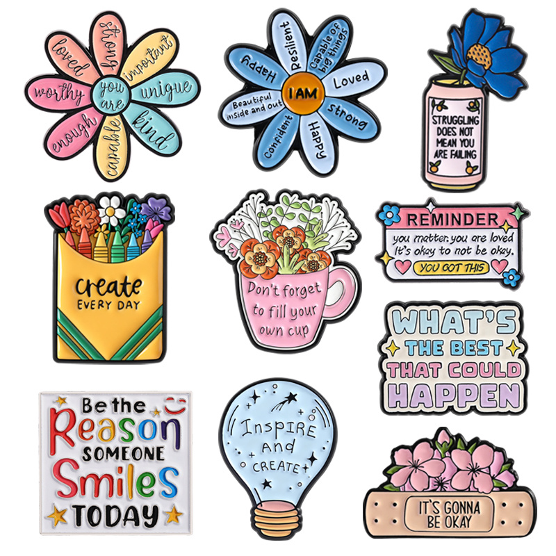 TEMU 10pcs Inspirational Flower Badge, Positive Text Badge, Clothing, Backpack Accessories, Unique Gifts For