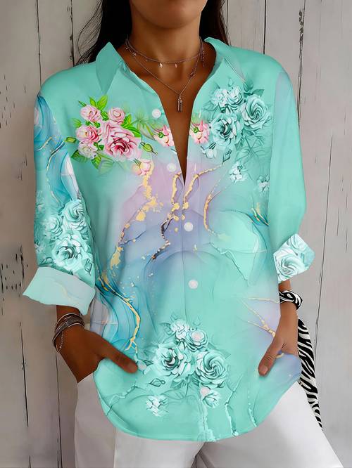 new womens long sleeved shirt with a floral and line pattern on versatile and casual commuter washable button printed shirt