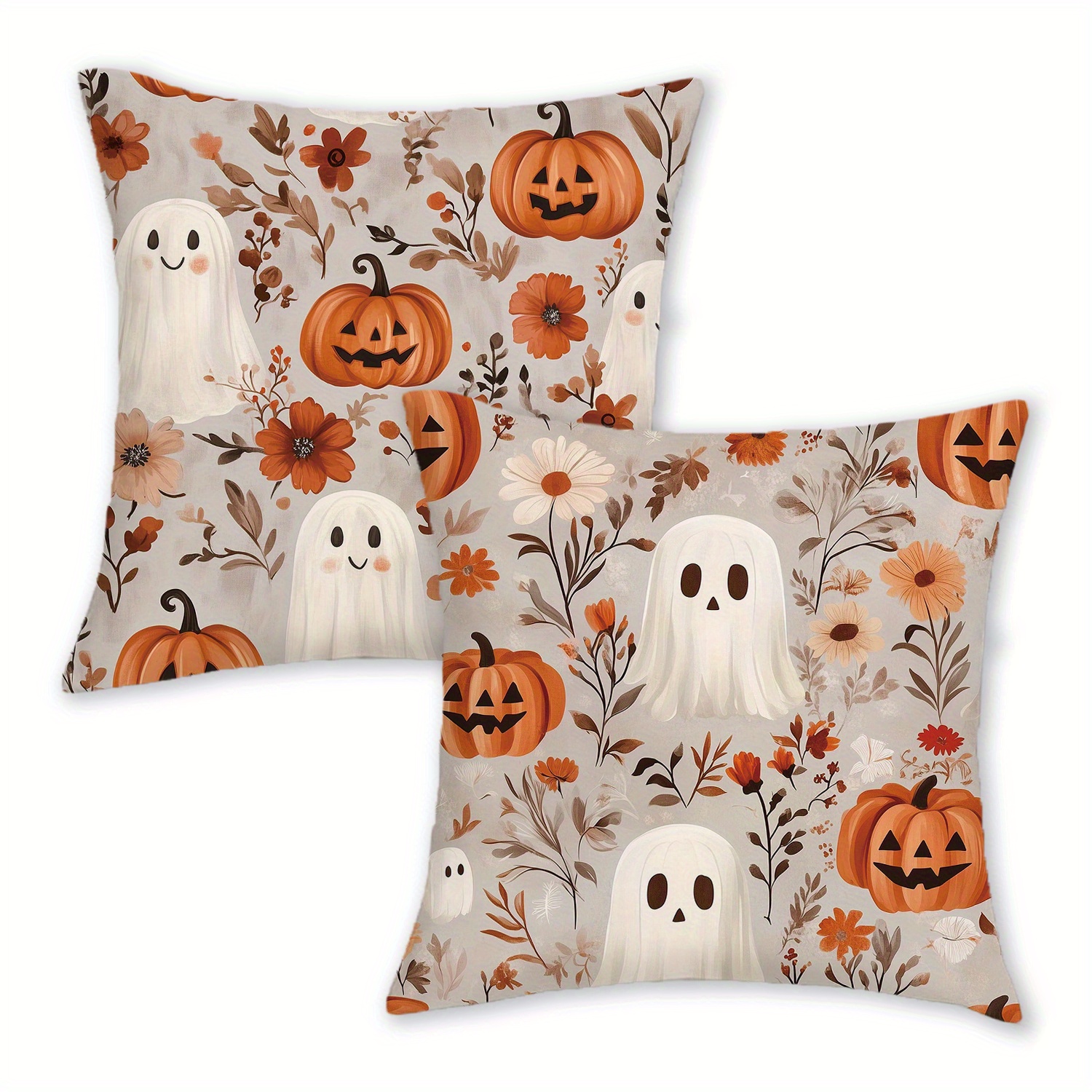 TEMU 2pcs, Fall Halloween Printed Throw Pillow Covers, 12x20 16x16 18x18 Inch, Spooky And Pumpkin Daisy Pattern Decor Cushion Covers, Zipper Closure
