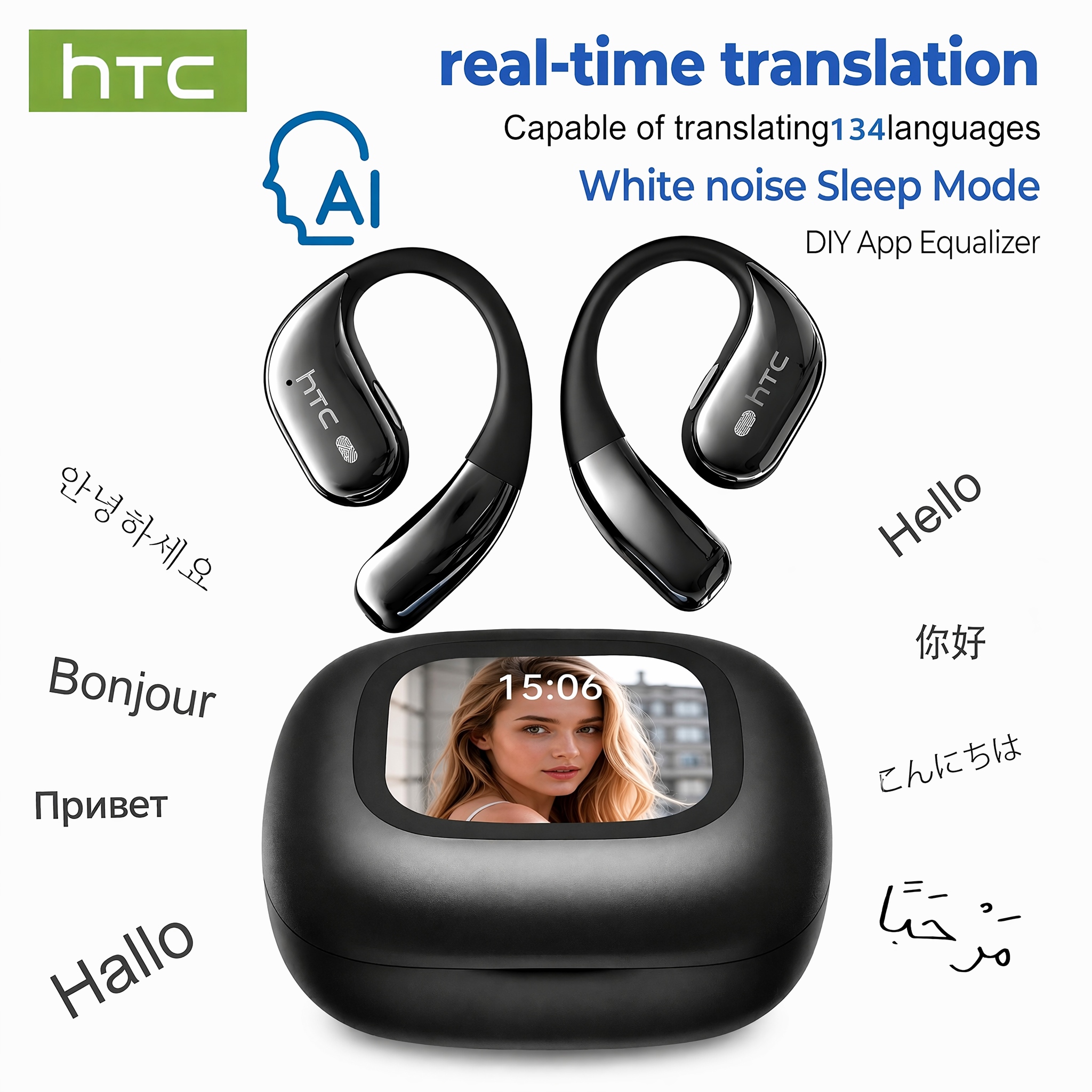 TEMU ["Écouteurs de IA] HTC NE77 Nouveaux écouteurs fil à crochet d'oreille - Avec de conversation en et prise en charge de 134 langues, avec une