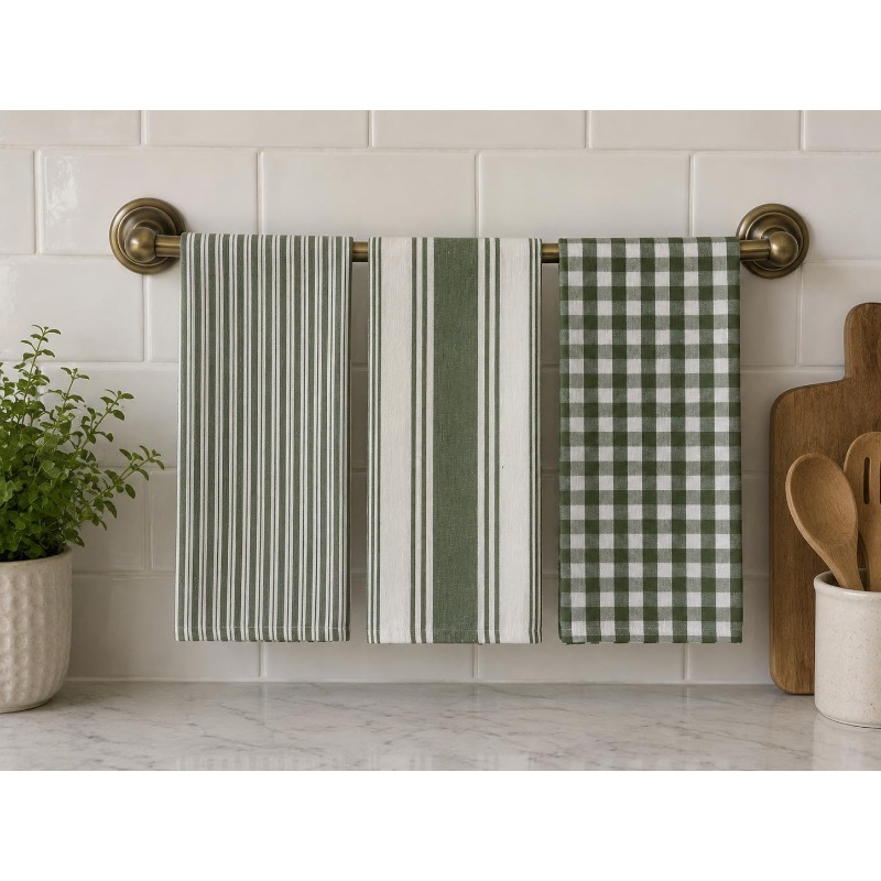 TEMU 3pcs Home Farmhouse Kitchen Dish Towels, Boho Green Bohemian Stripe And Gingham Check 18 X 26 Inches