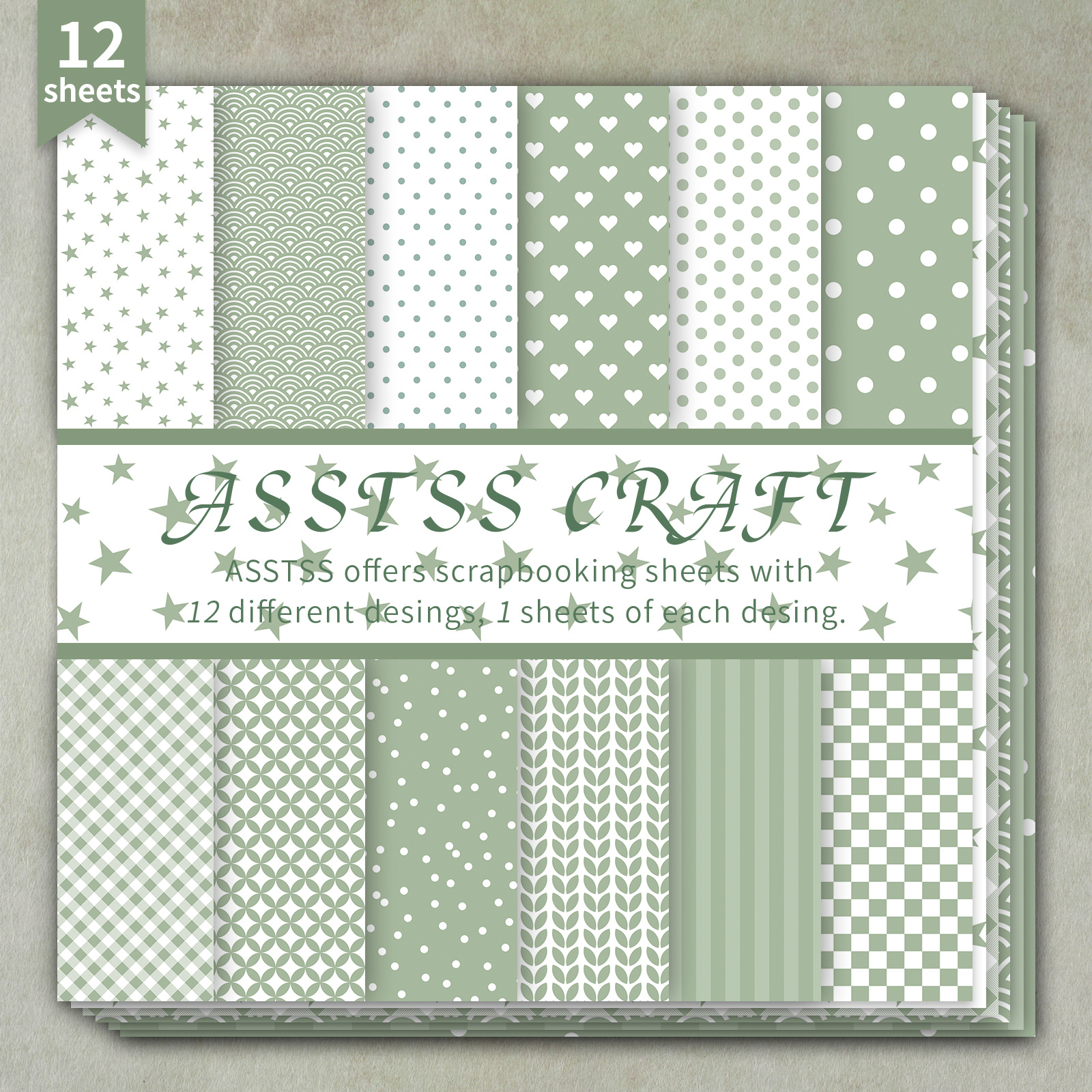 Image of 12-sheet Asstss 6*6-inch Scrapbooking Paper Pad, Soft Sage Green Minimalist Pattern Backing Paper Supplies, Heavyweight Cardstock For Journaling, Collage Art, Greeting Cards, & Crafts, 6"x6" Pack
