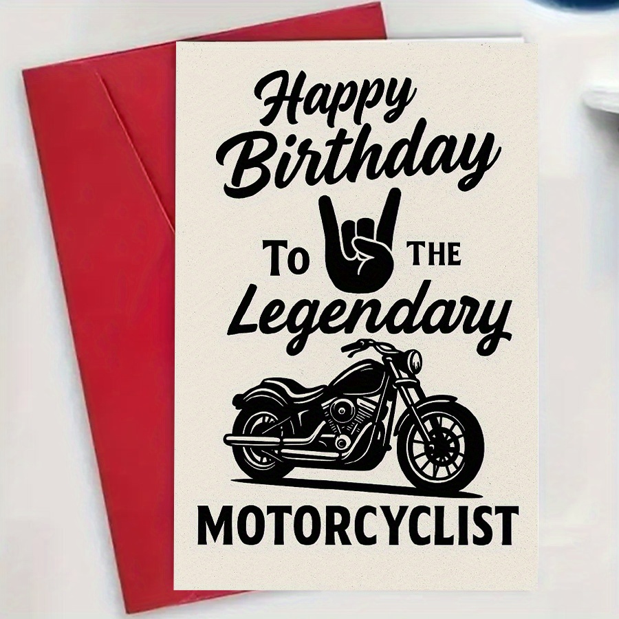 TEMU 1pc Motorcycle Birthday Card - Envelope-style Biker Gift With Rock-on Hand Symbol & Motorcycle Graphic - For Dad, Husband, Brother, Motorcycle -