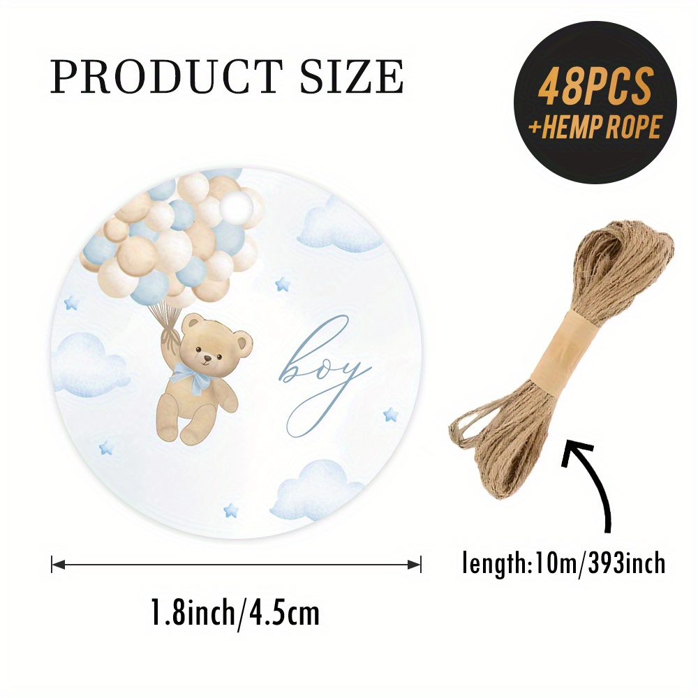 TEMU 48/96 stuks ronde labels voor een gender reveal, met een waterverf teddybeer, ballonnen en wolken, met de tekst 'Boy'. Ideaal voor baby showers