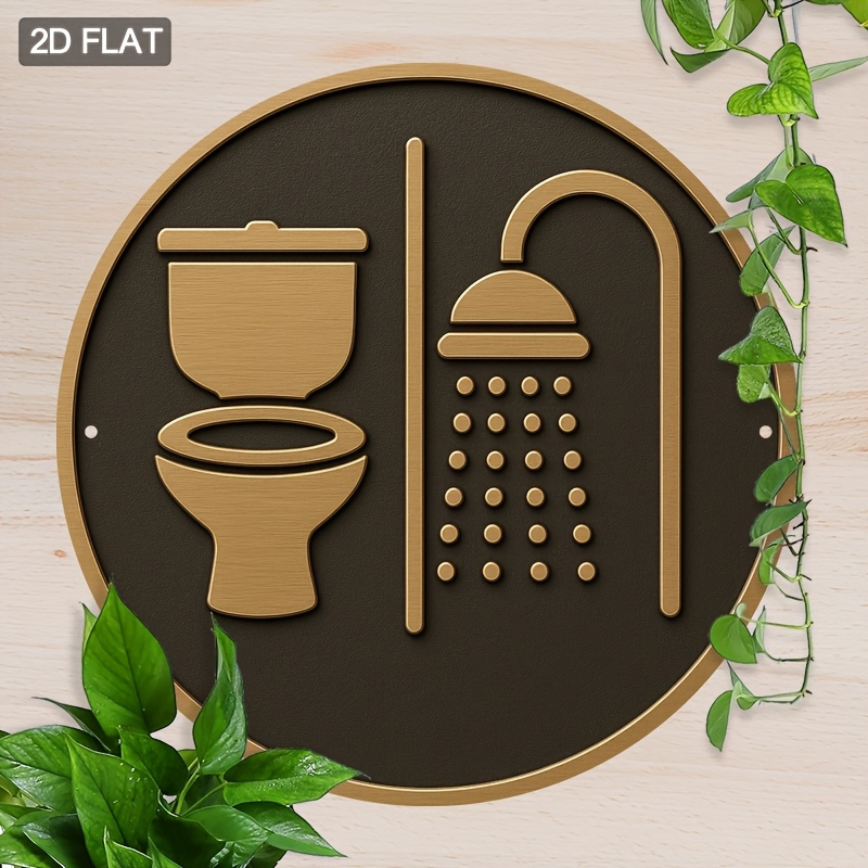 E-shop 2D-Flach, . 2D-flaches Badezimmerschild – Runde Holz-Toiletten- & Dusch-Ikone – Einfach aufzuhängende Toiletten-, Küchen-, Hotel-Deko – Moderne