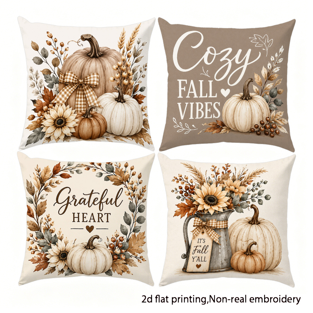 TEMU 4pcs Rustic Watercolor Pumpkin, Maple Leaf, Sunflower Autumn Thanksgiving Decorative Pillowcase Cushion Covers, 2d Flat Print, Not Embroidered,