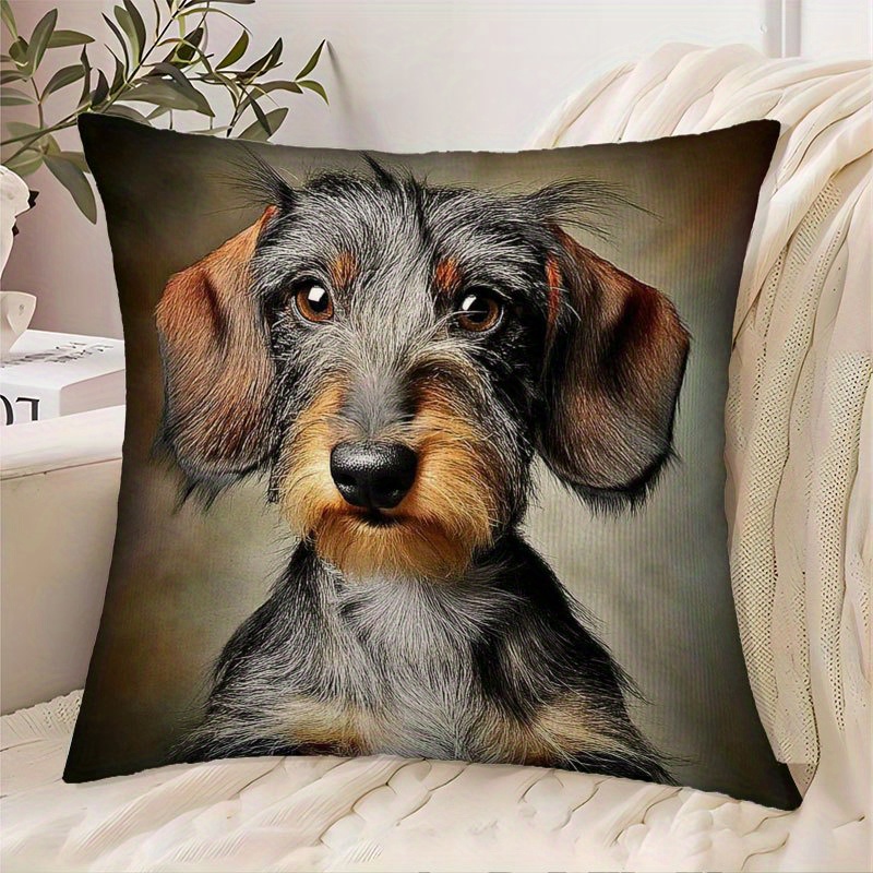TEMU 2d Flat - 1pc Of A 2d Flat Printed Decorative Cushion Cover Featuring A Lifelike Design Of A Wire-haired Dachshund's Brown And Black. Polyester