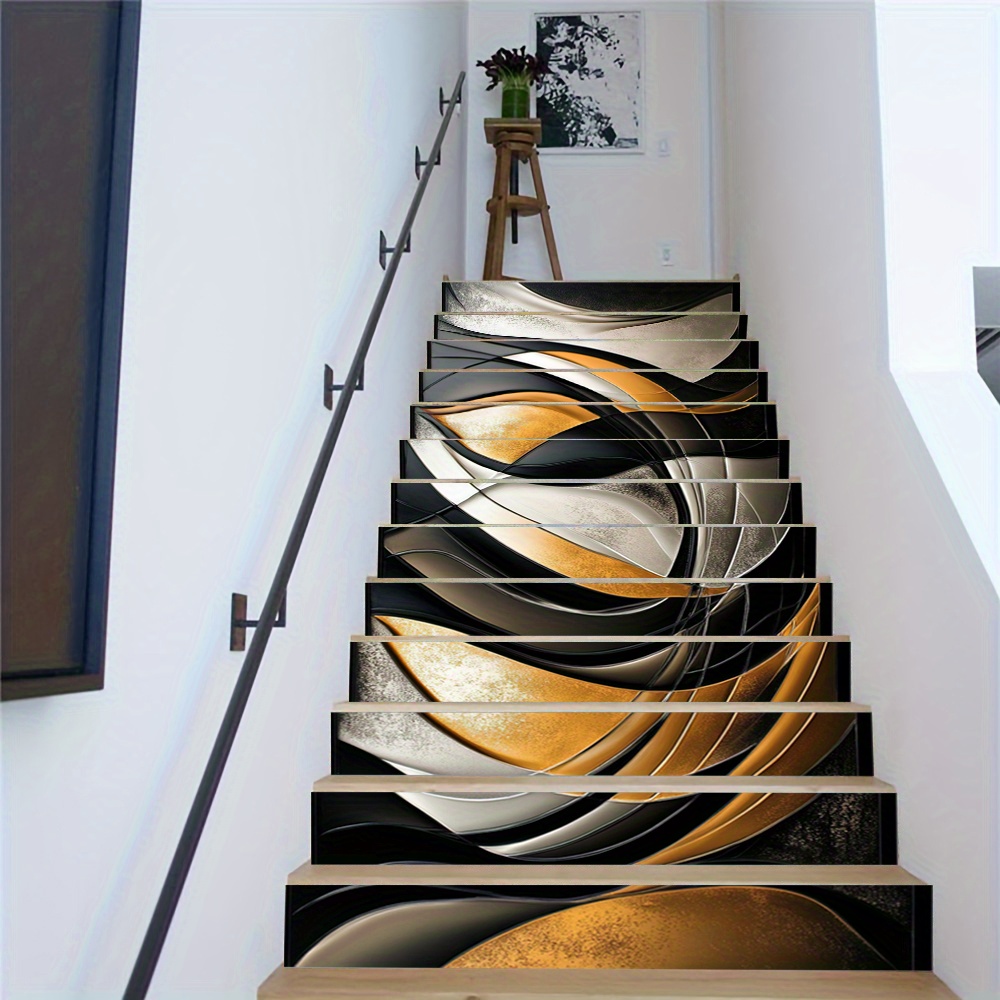 13pcs Abstract Black, Golden & White Fluid Design Stair Stickers - Self-Adhesive PVC Home Decor Murals for Living Room, Staircase, and Interior Design, 100.0cmLx17.98cmW, Modern Wall Art Decor|Abstract Wall Art|Easy Installation Decor, Stair Decorations