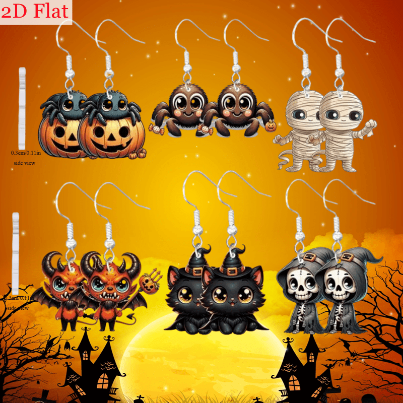 TEMU 2d Pairs Halloween Acrylic Earring Set, Cute Pendants With Pumpkin Spider, , Devil, Black Cat, Skull And , Festive Jewelry For Women, Party