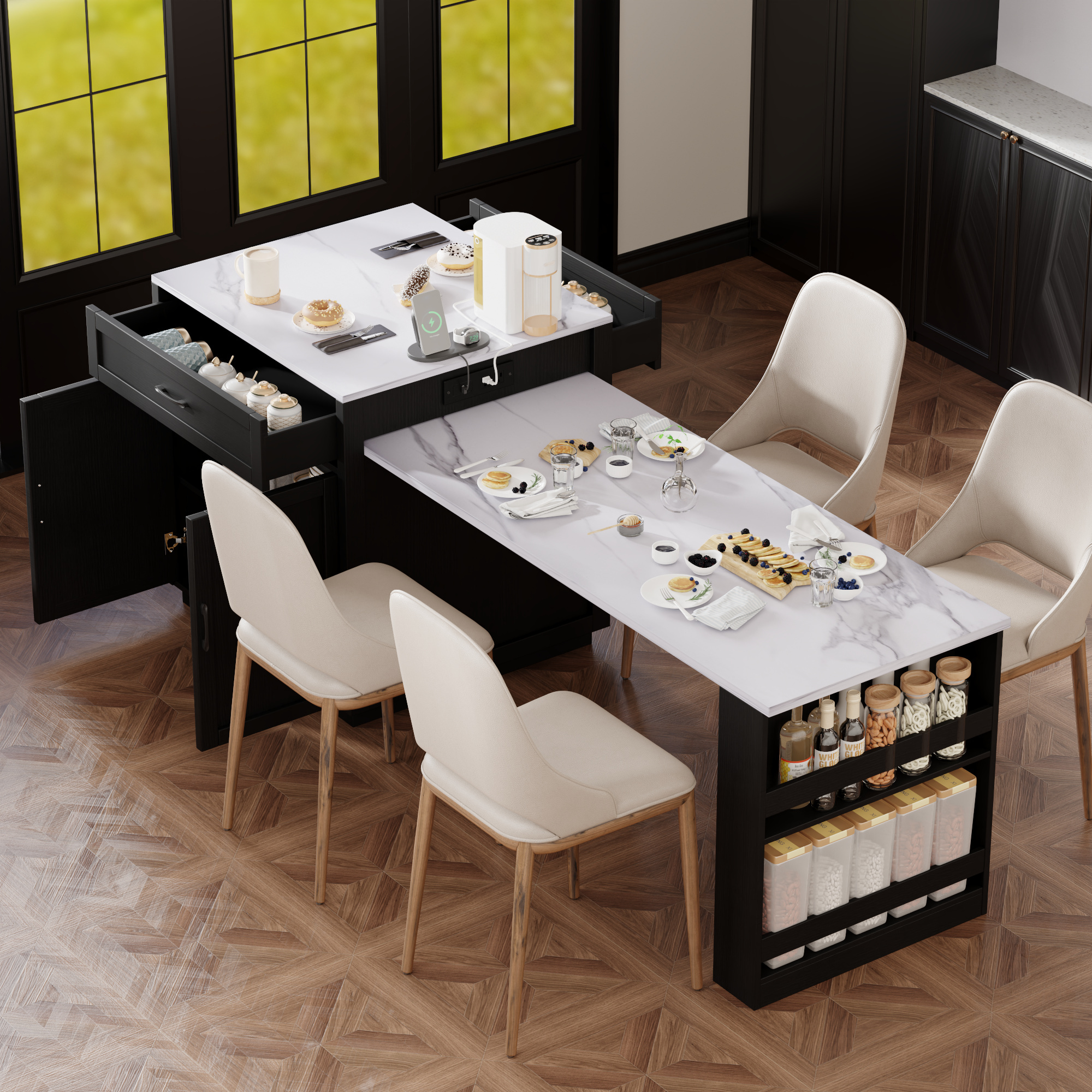 82.7-Inch Kitchen Island with Extendable Table & Power Outlet