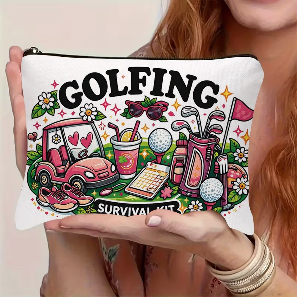 TEMU 1pc Pink Golf Cart, Club, Flowers And "golfing Survival Kit" Slogan Pattern Double-sided Printed Cosmetic Bag, Classified Storage, Makeup And