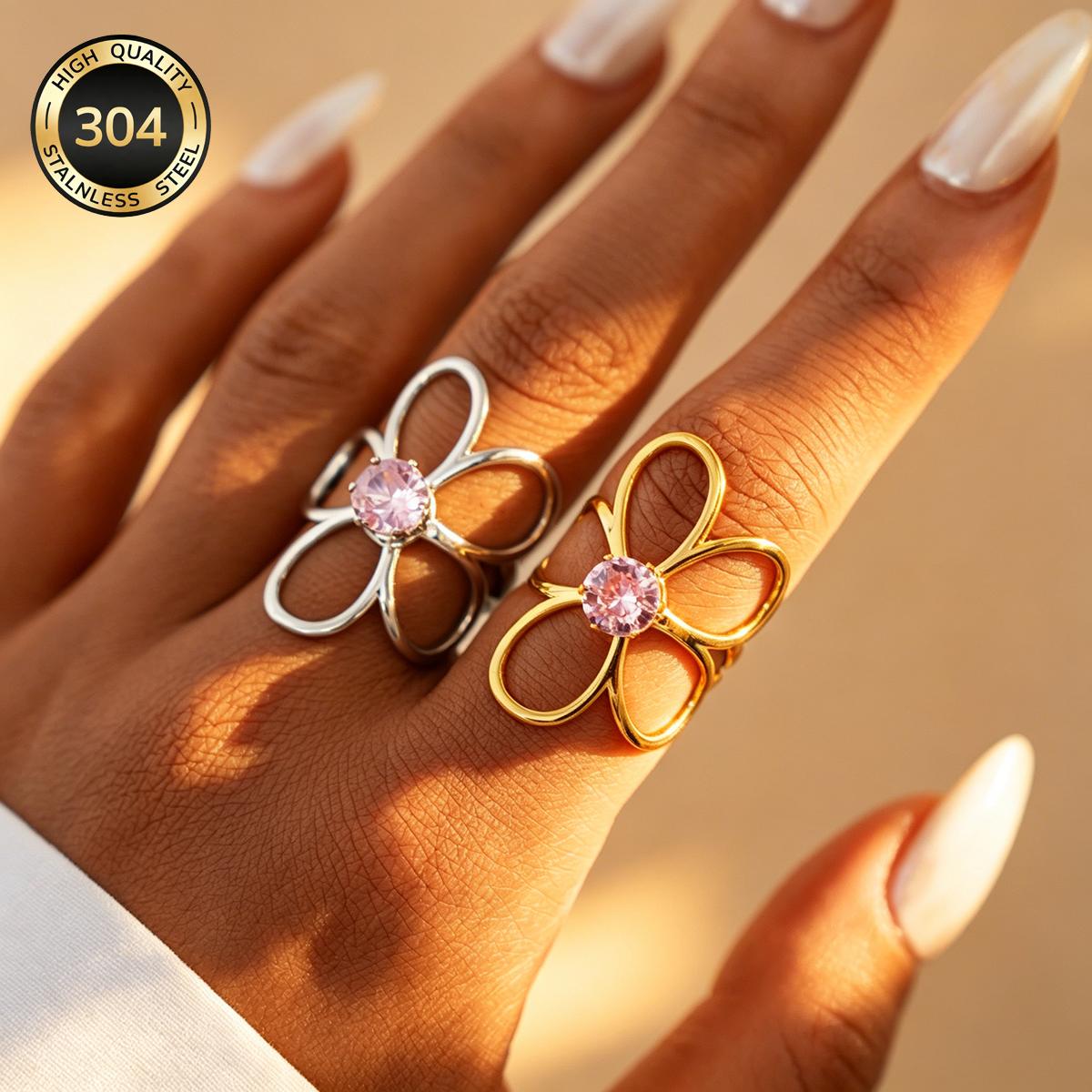 Women's 18K Gold Plated Zirconia Floral Stainless Steel Ring