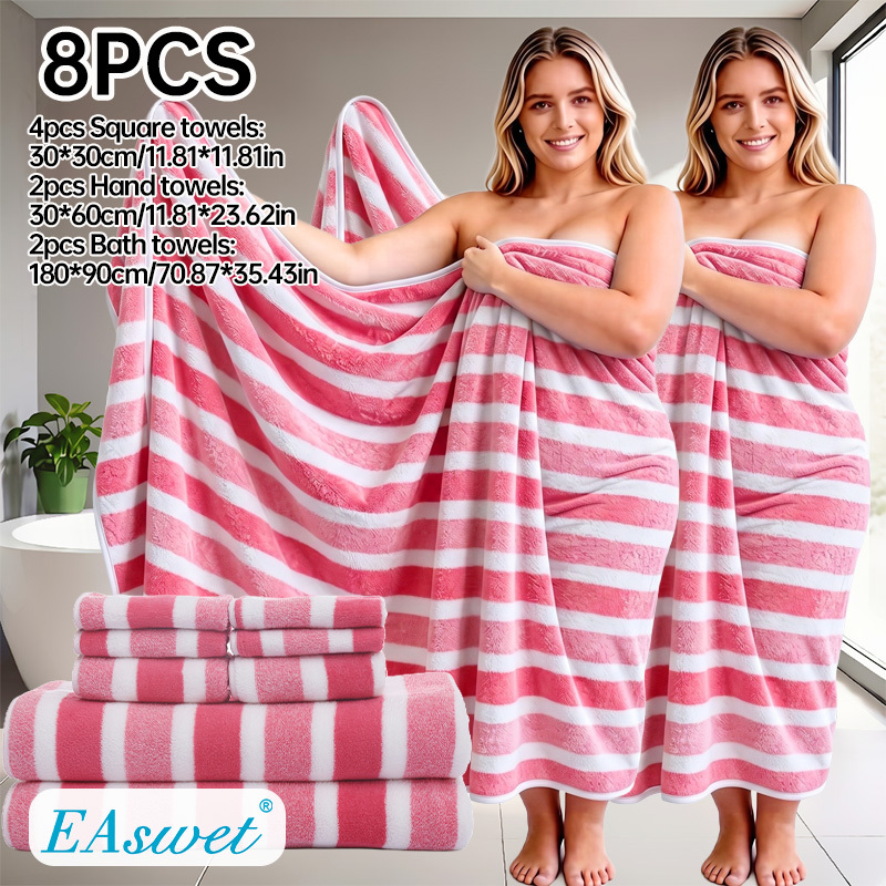 TEMU Parure de 8 serviettes de bain XXL extra larges à rayures larges et colorées, comprend 2 serviettes de bain extra larges 90x180cm + 2 serviettes