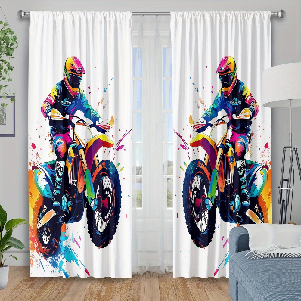 TEMU Rideaux Occultants à Imprimé Moto pour Chambre, 2 pièces, 100% Polyester Lavables en Machine, Motif Graffiti, Filtrage de Lumière, Style