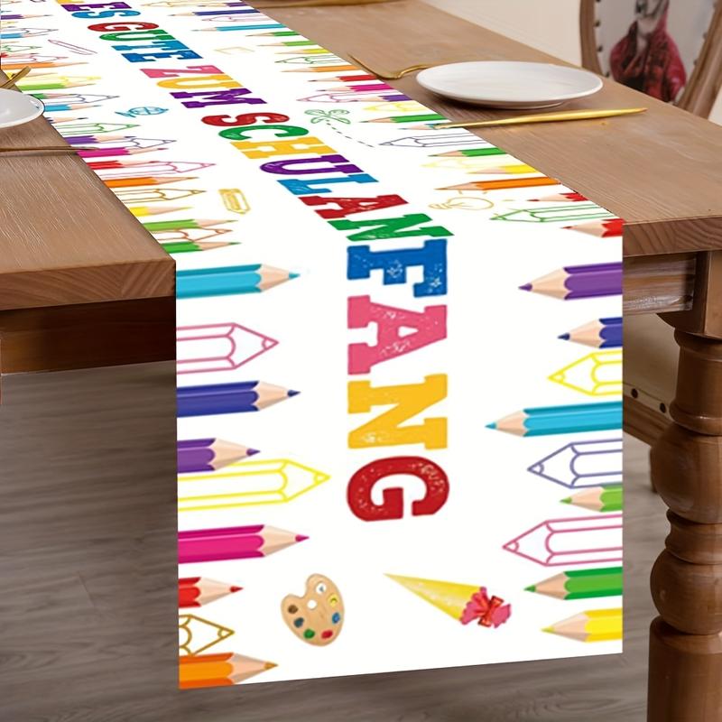TEMU [3 Sizes ], 2d Flat Printing, German " Start" Themed Colorful Pencil Pattern Table Runner, Creative Back-to- Decorative Tablecloth, Long Table