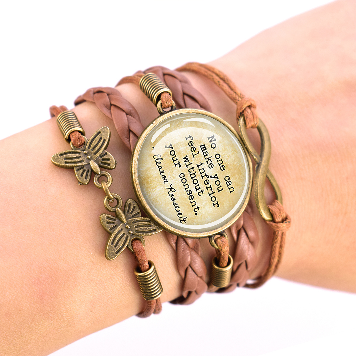 Adjustable Vintage Brown Bracelet with Dome Glass Inlay