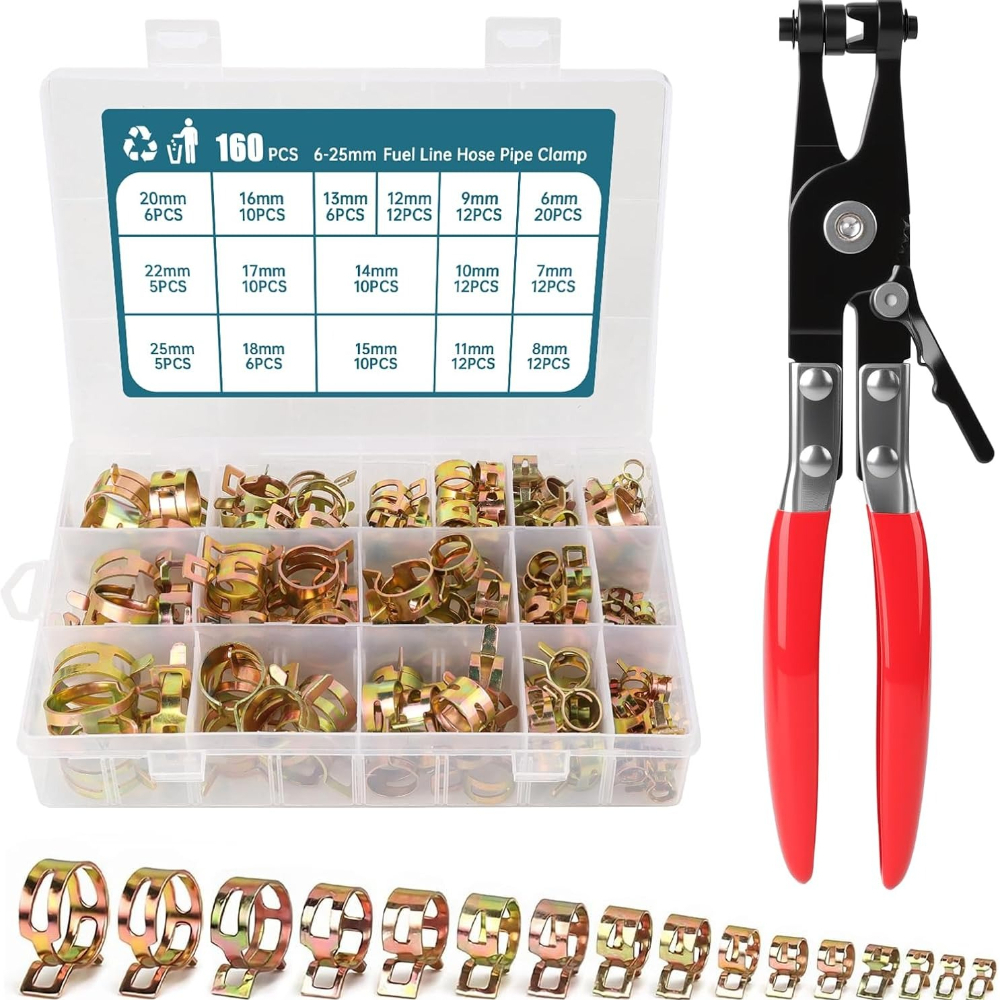 160pcs Hose Clamp And Pliers 16 Size 6mm - 25mm Water Pipe Air Hose Clamp Fastener For Home Car Repair