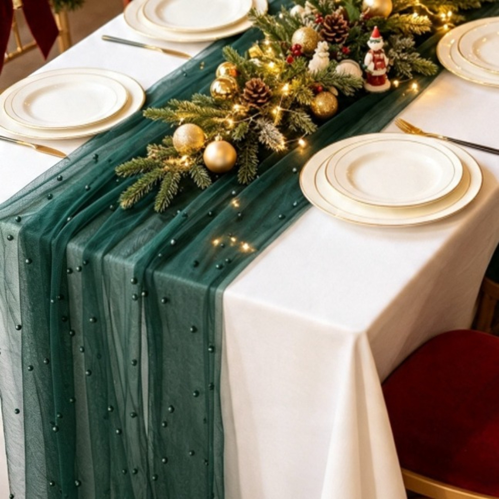 TEMU 1 Autumn-themed Pearl Table Runner - 70*180cm/27.56*70.87in, In 2 Colors: Red And Dark Green, For Christmas And New Year Home Decor