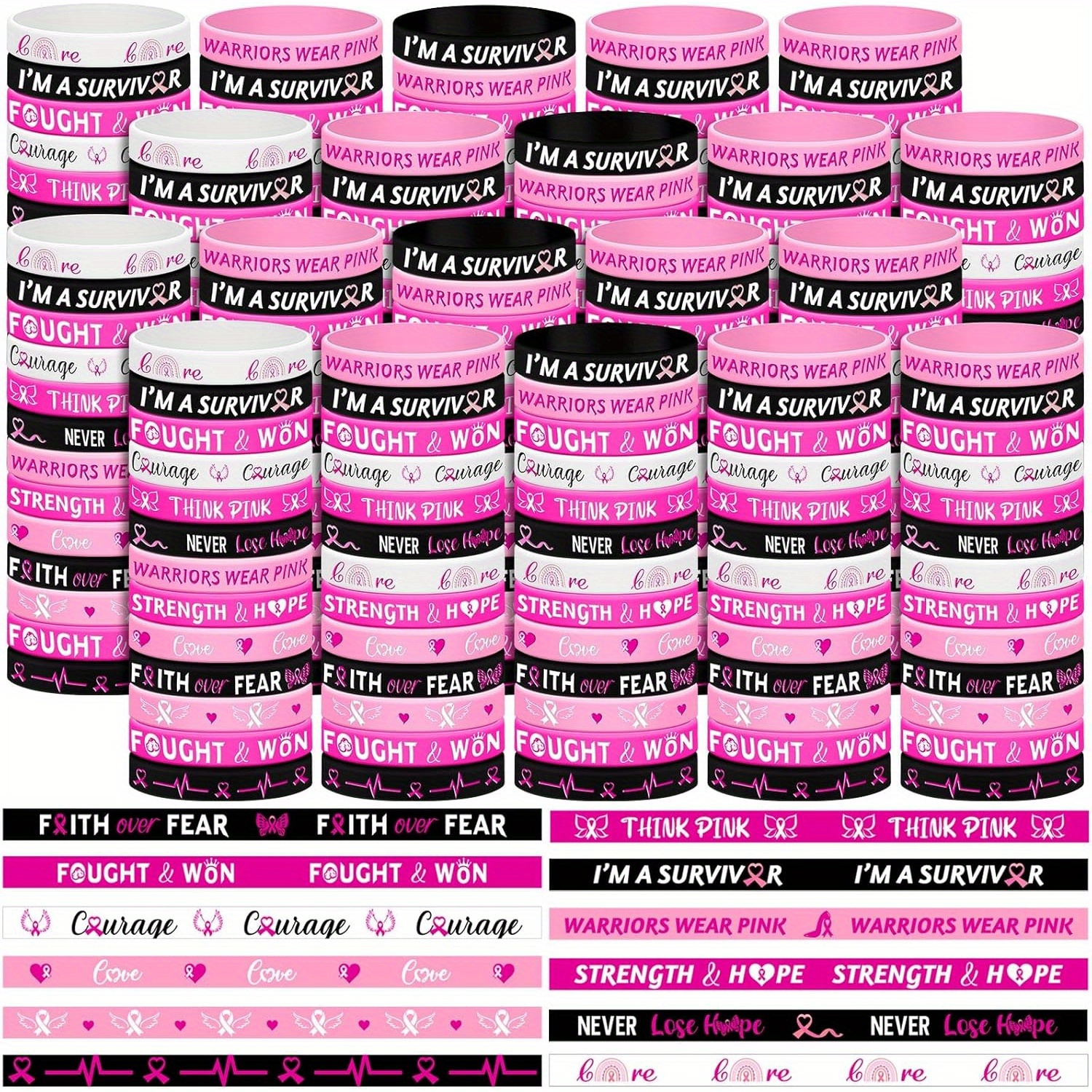 TEMU 120 st Bulk Armband för Bröstcanceruppmärksamhet - Rosa Bandarmband med Överlevare, Krigare, , Mod, Styrka & Hopp Charmar - Silikonband till