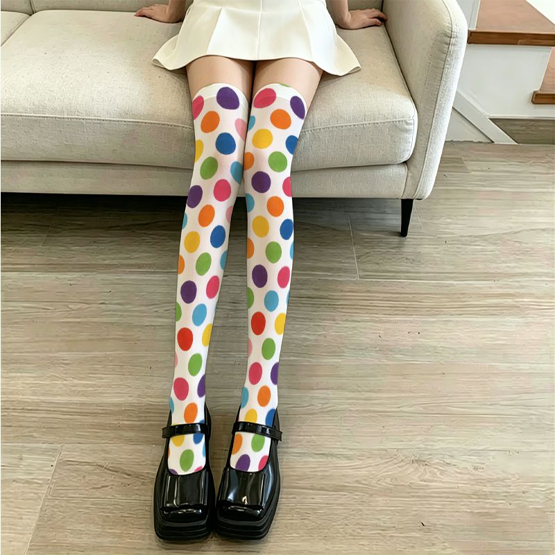 TEMU Bas de cuisse à pois colorés style Y2K - Chaussettes montantes légères à pois multicolores, lavables en machine, adaptées pour les fêtes, les