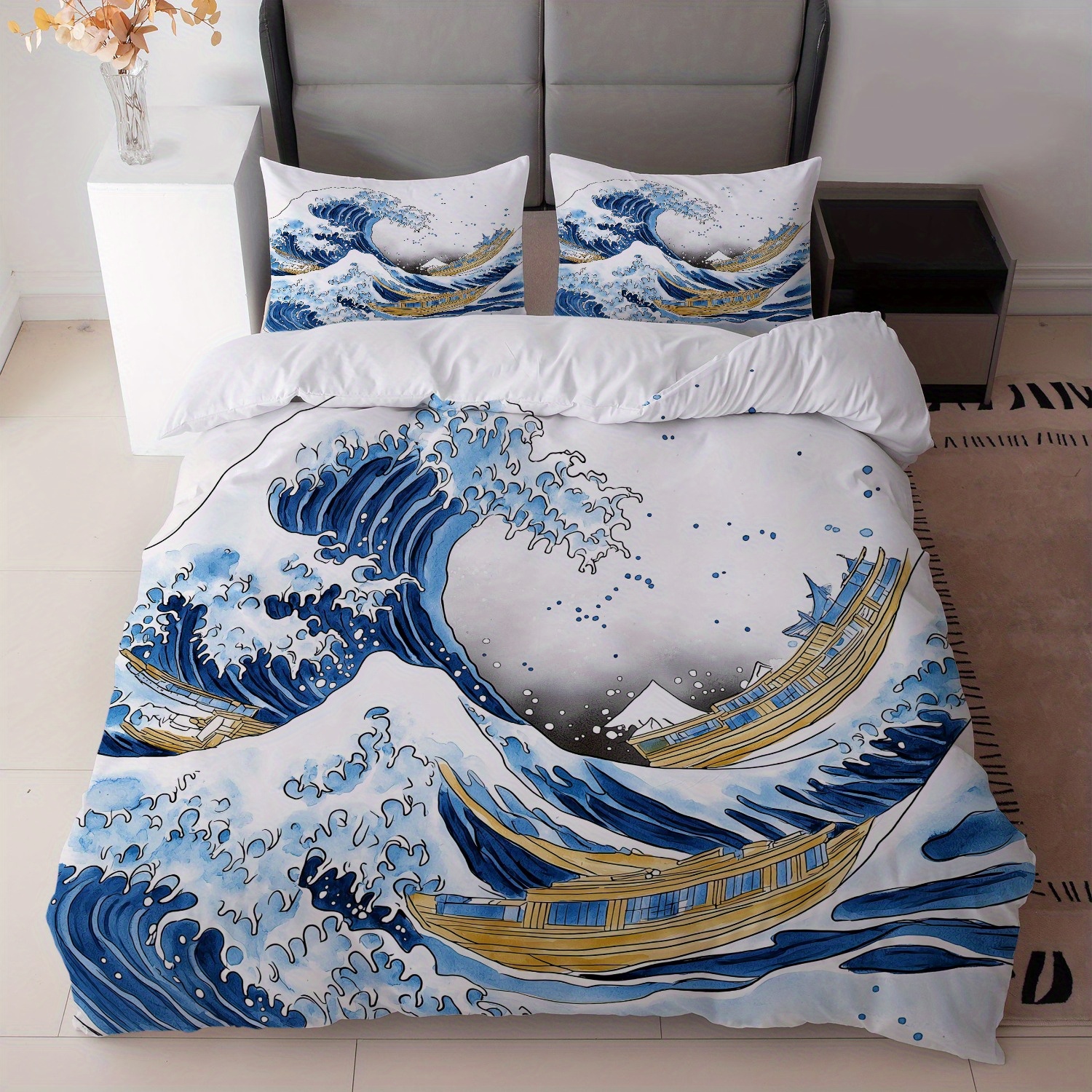 TEMU Ensemble de literie 3 pièces style japonais avec imprimé bleue (1 housse de couette + 2 taies d'oreiller, garniture) - Idéal pour la décoration