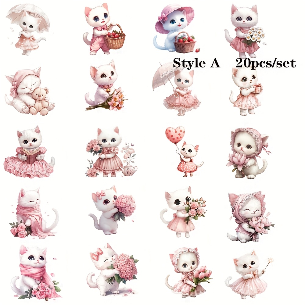TEMU 20pcs Watercolor Floral Cat Pink- Heat Transfer Iron-on Image- 2d- Small Size Mini Diy Vinyl Iron-on, Suitable For T-shirts, Bags, Hats, And