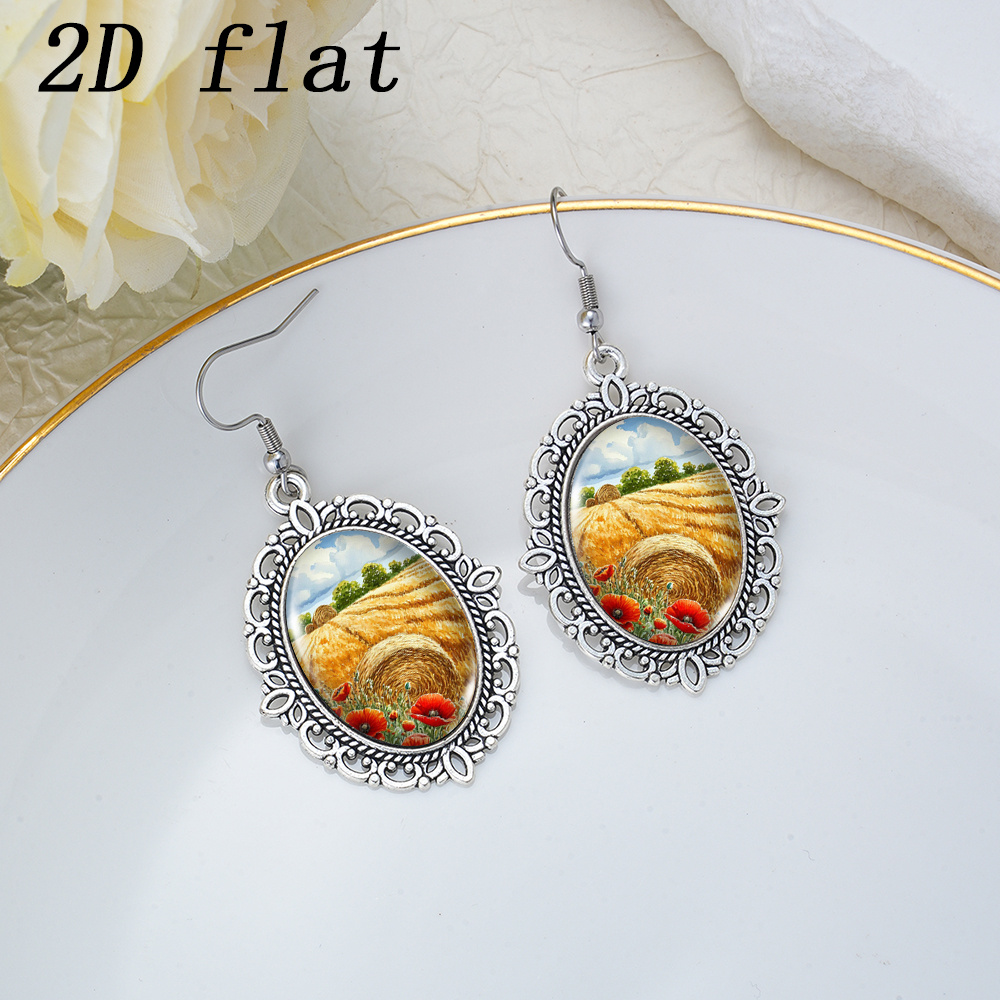 Golden Autumn Wheat Field Poppies Pattern Gem Glass Earrings