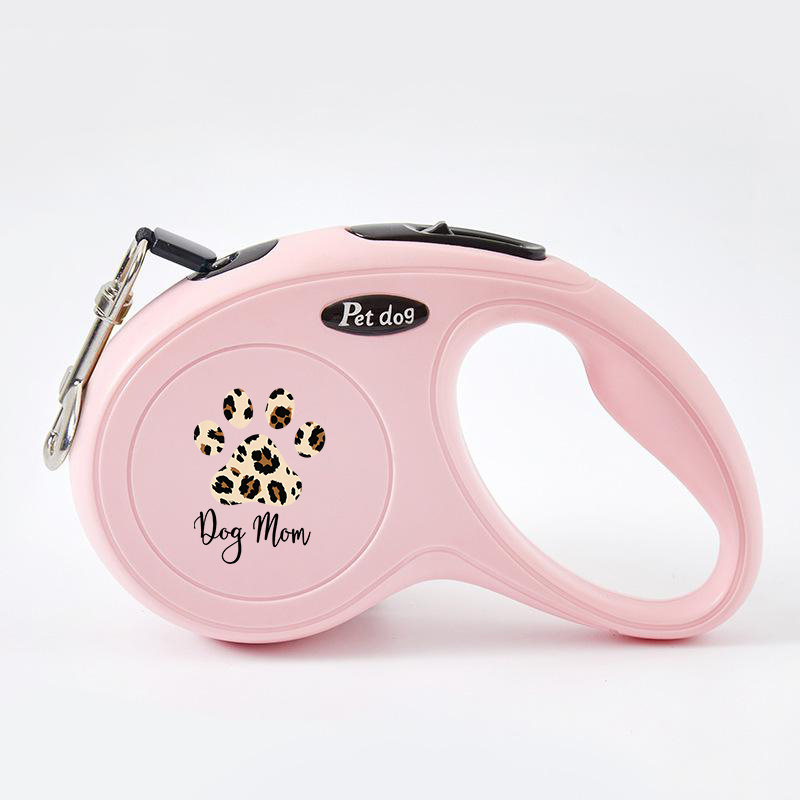 TEMU 1pc Retractable With Leopard Print Paw And "dog Mom" Slogan, Portable Walking Lead With One-hand Brake Pause Lock, Durable Walking Accessory For
